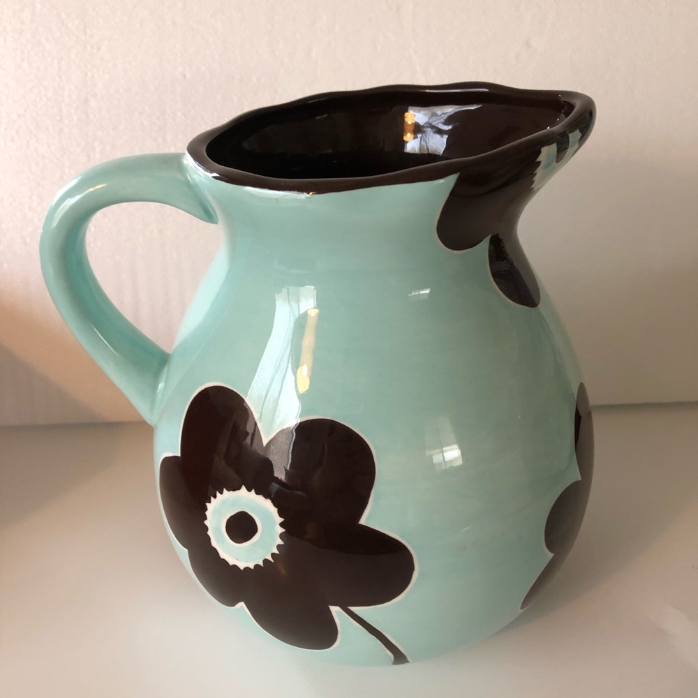 Laurie Gates Gatesware Pitcher Robin Egg Blue with Cocoa Brown Flowers NO PLATE - Picture 3 of 5